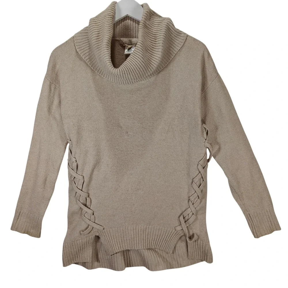 Pink Rose Womens Cowl Neck Sweater Tan Beige Lace Up Sides Size M PF842951DC